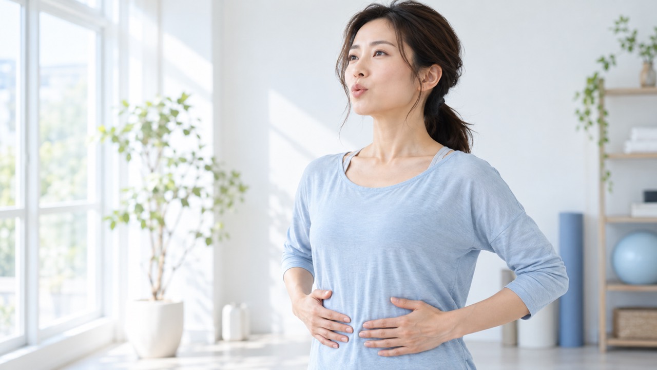 おなかに手を添えて腹式呼吸のやり方を確かめる女性