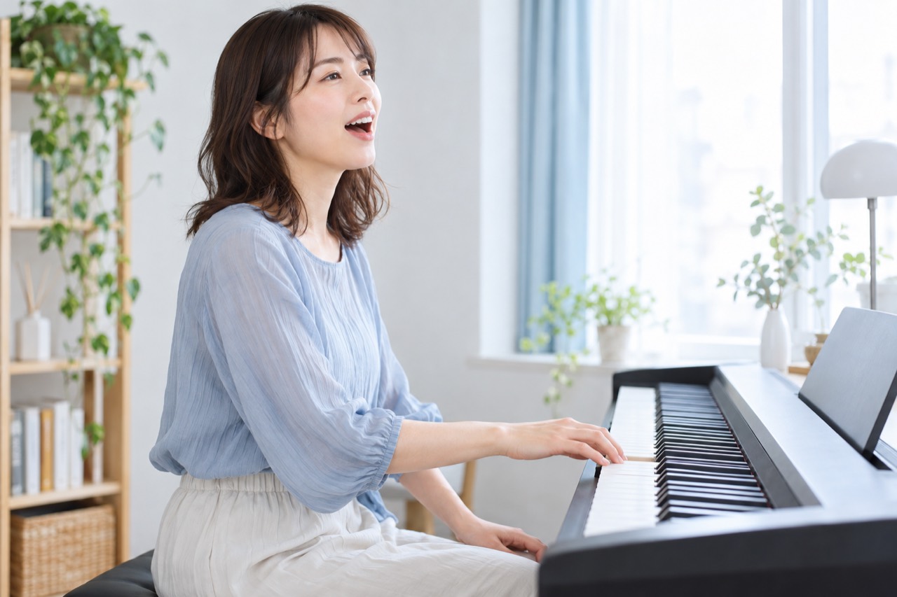 鍵盤に合わせて高音を練習する女性