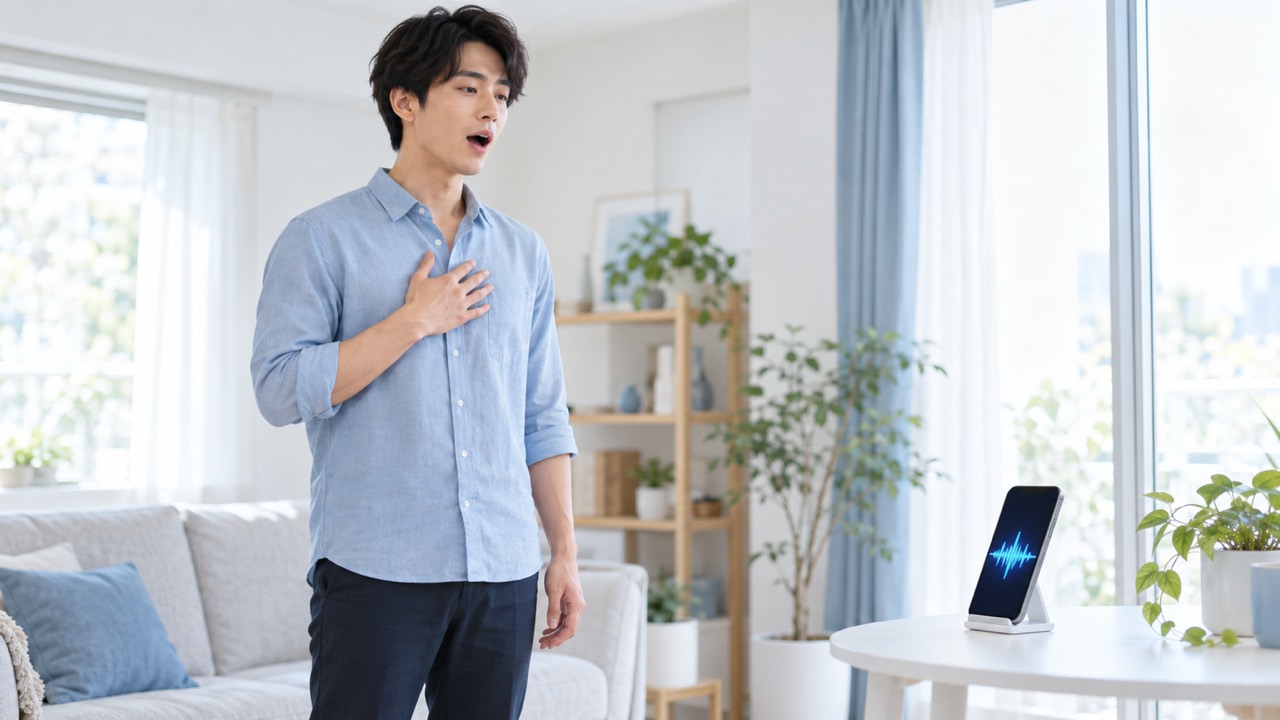 胸に手を当てて、音域を広げる発声練習をする男性