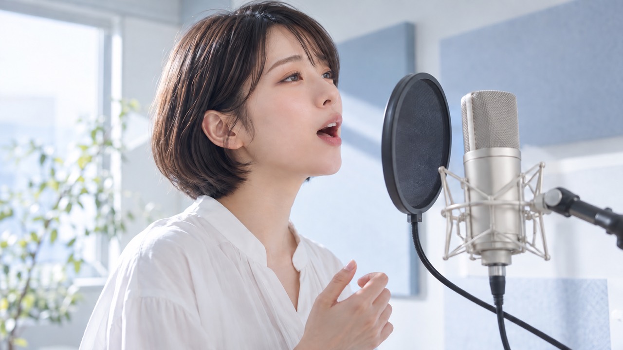 マイクの前で裏声の出し方を練習する女性