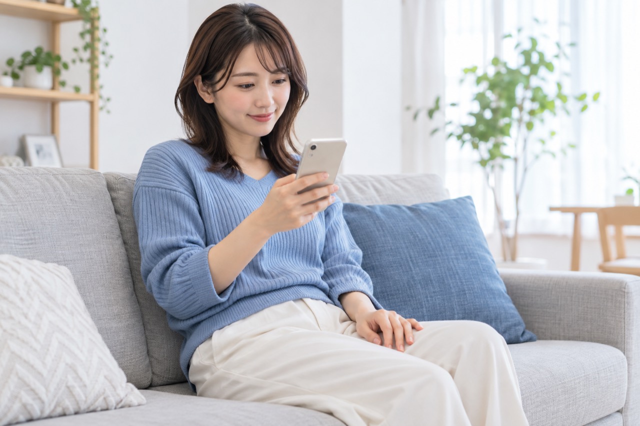 音域に合う曲をスマホで探す女性
