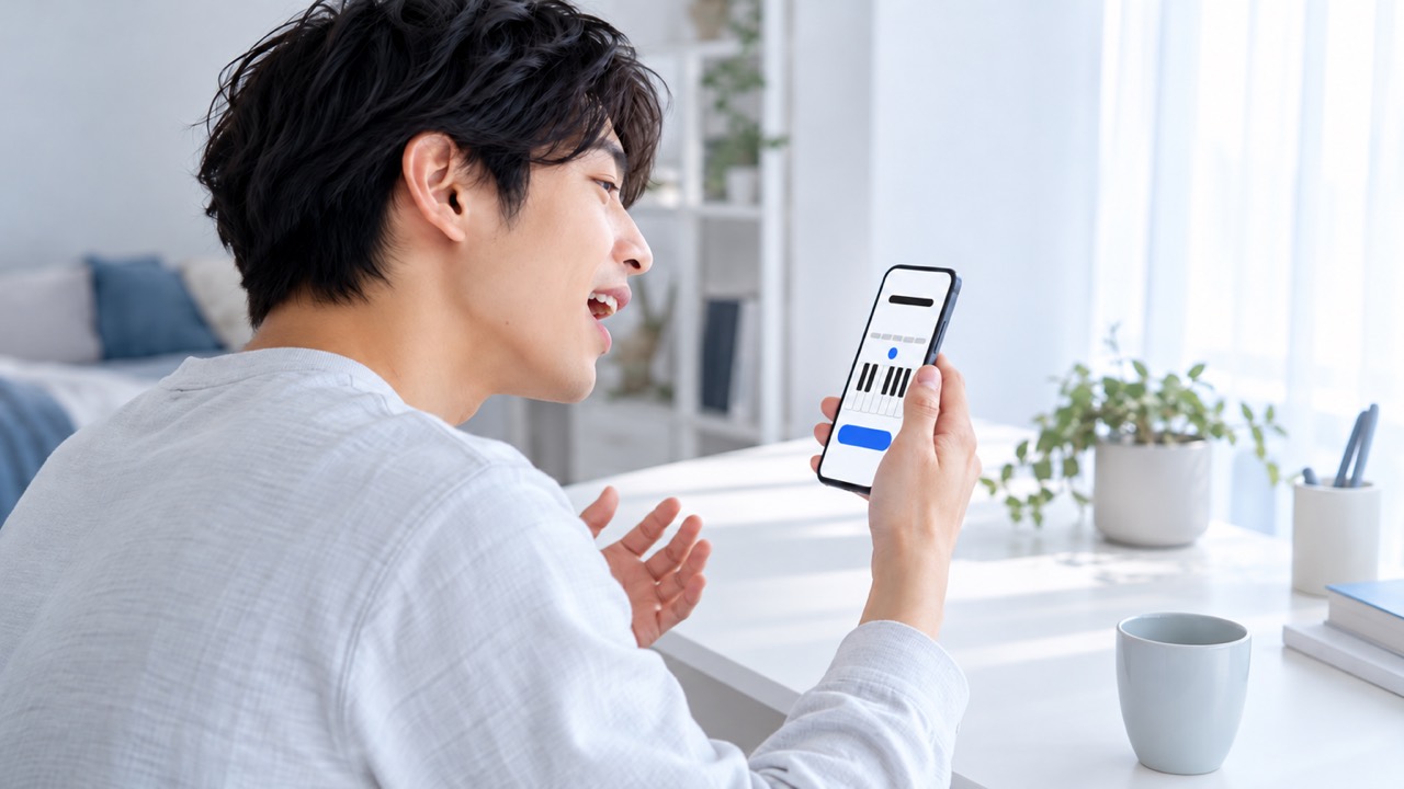 スマホで自分の音域を調べる男性