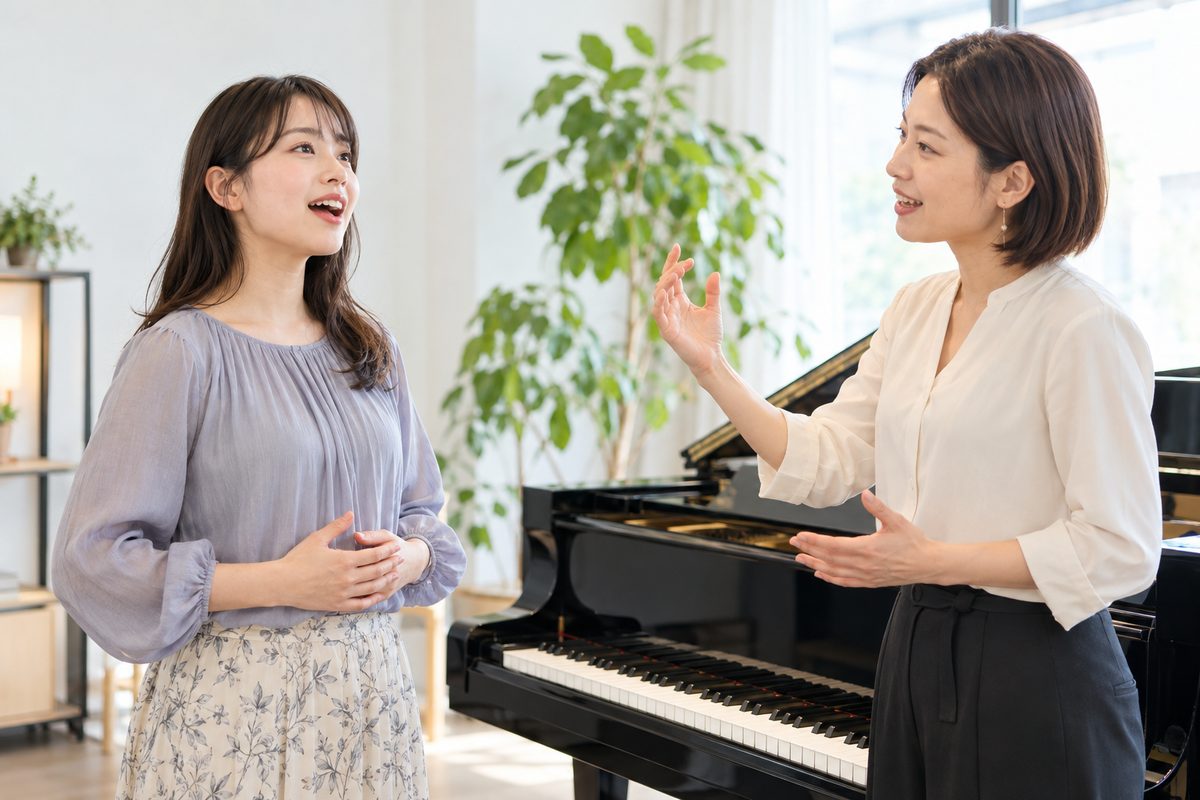 ボイトレ教室の個人レッスンで、ピアノの横に立つ先生の説明を聞きながら、生徒が楽しそうに声を出している様子