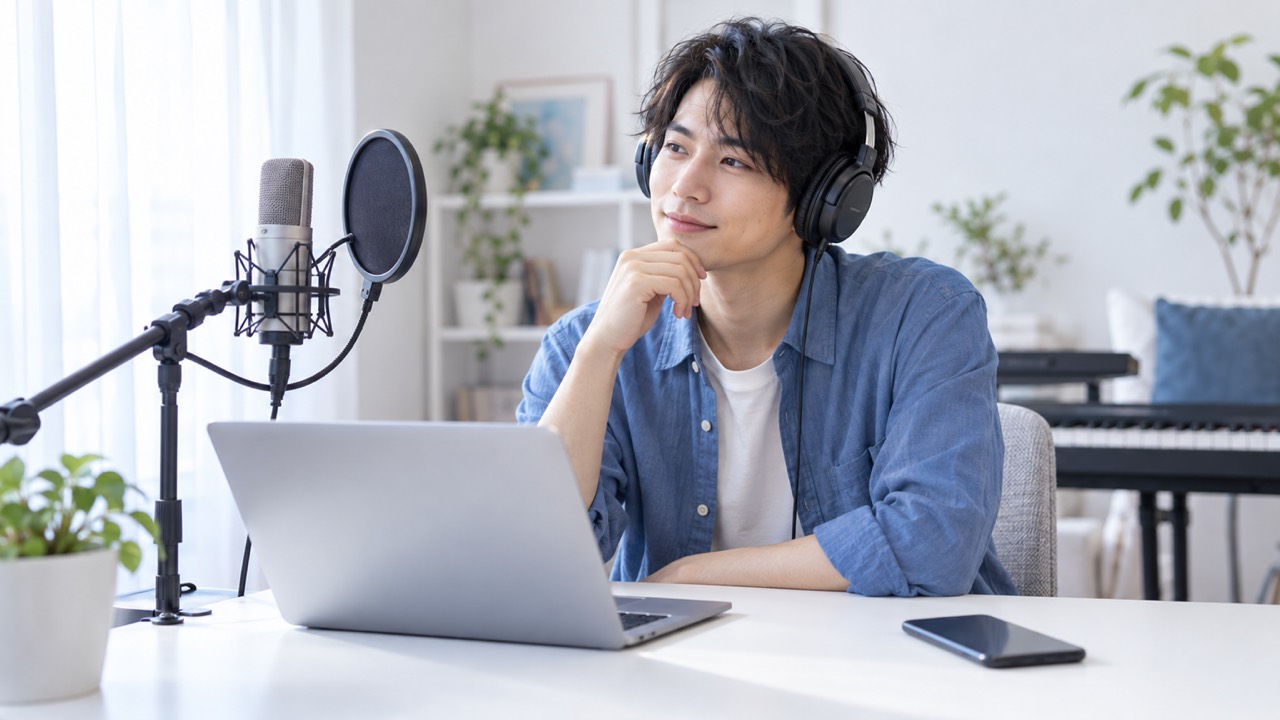 歌が上手くなるために、録音した歌声をヘッドホンで聴く男性