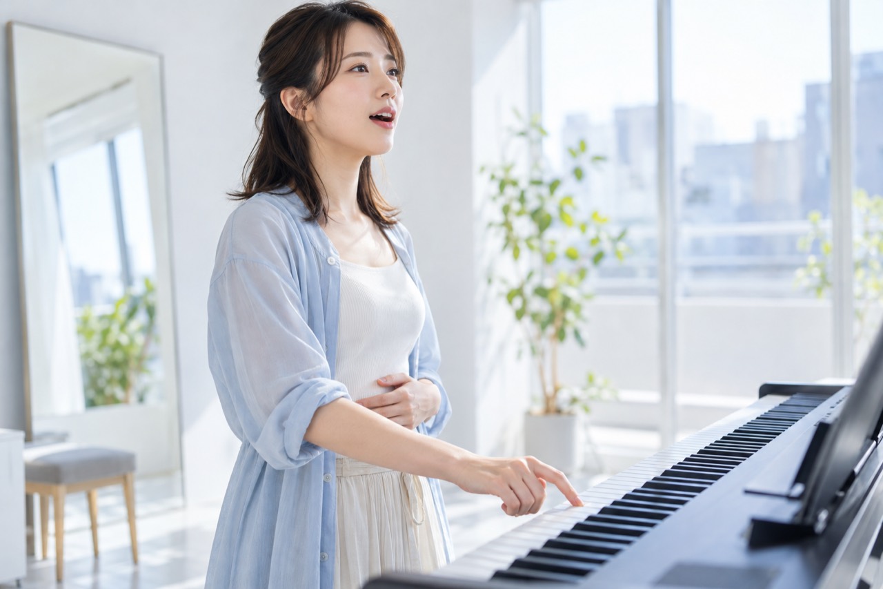 鍵盤に合わせて軽く高音を練習する女性