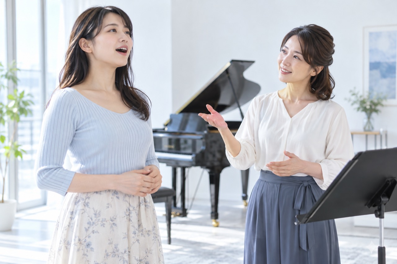 講師に発声を聞いてもらう女性