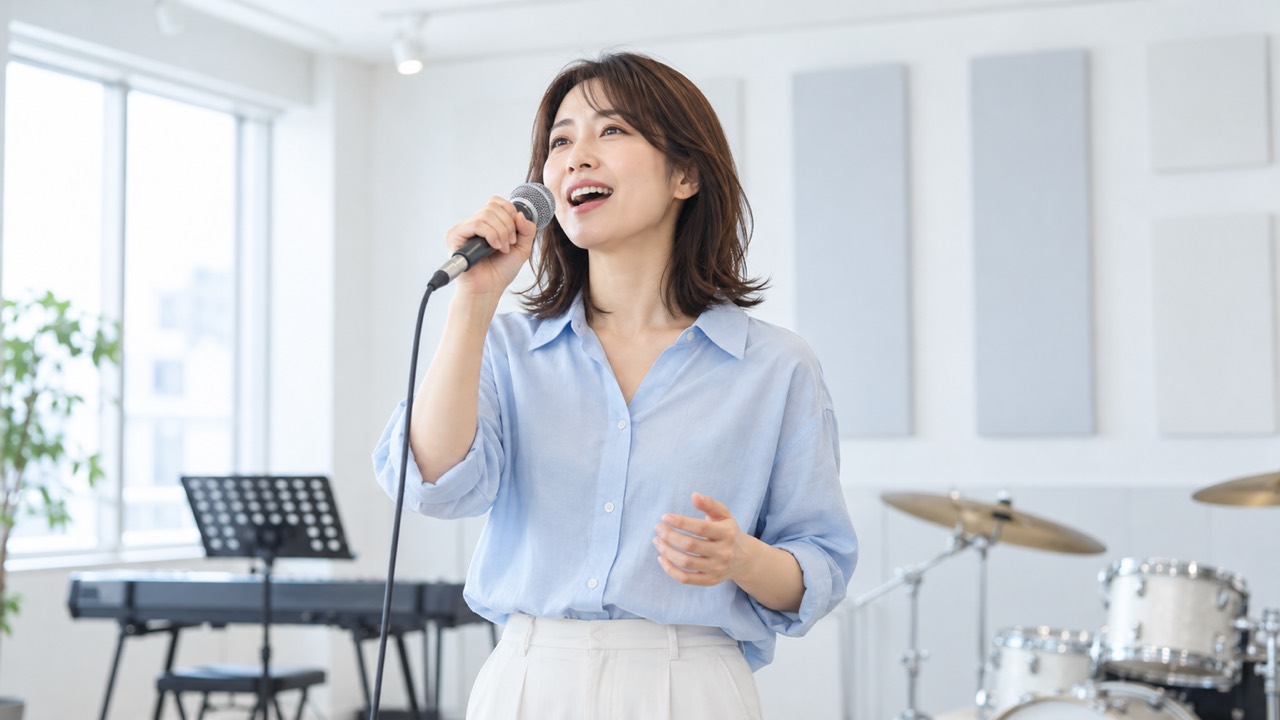 肩の力を抜いて高音を出す練習をする女性