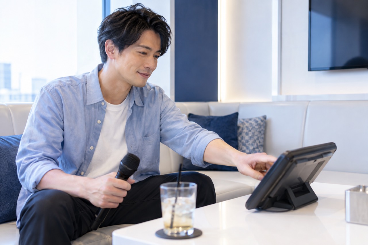 カラオケ端末でキーを調整する男性