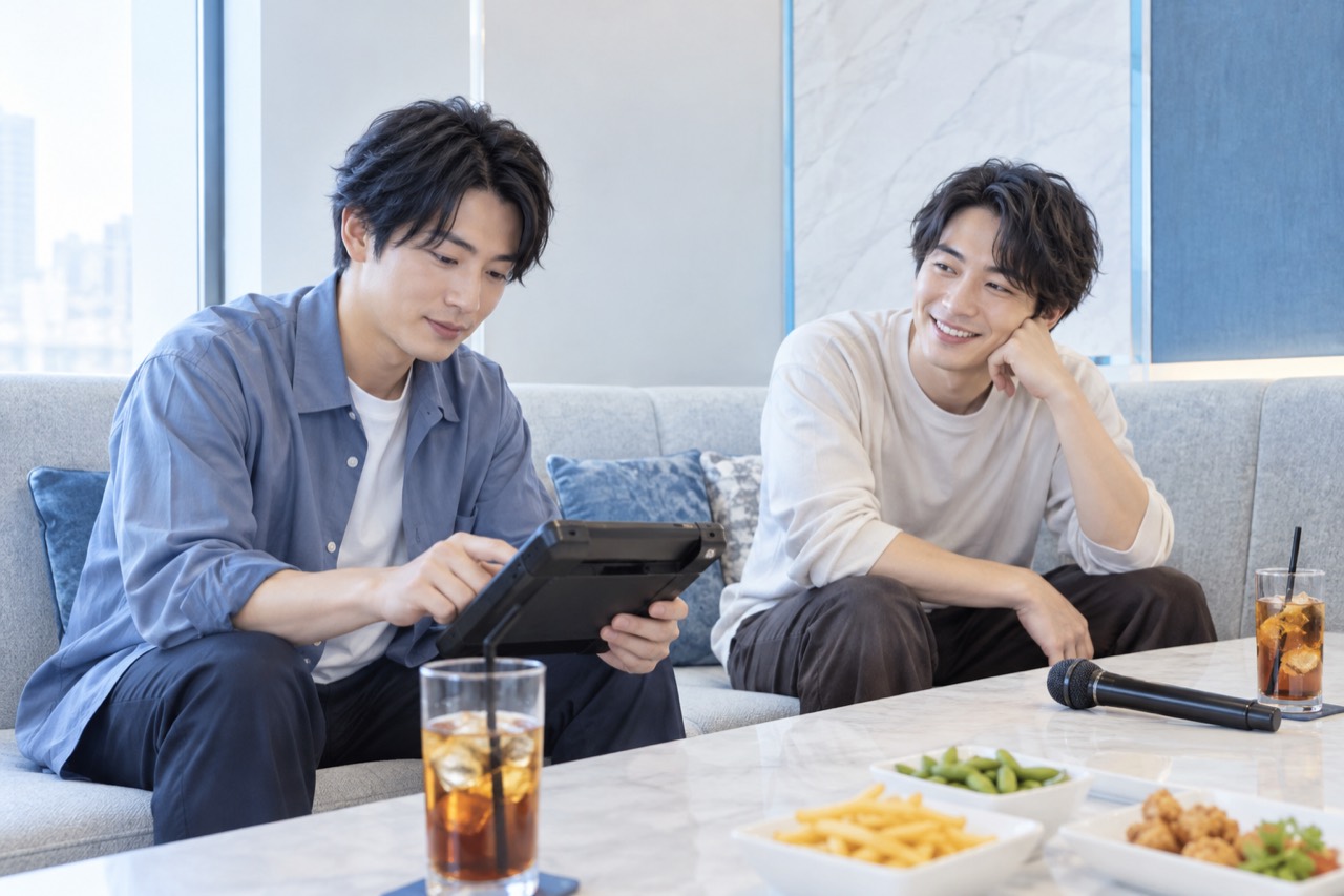 友人と気軽に選曲する男性たち