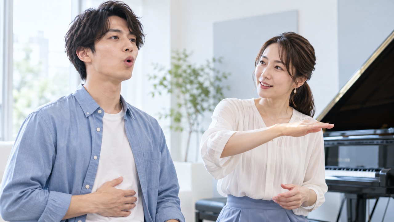 講師とミックスボイスの練習をする男性