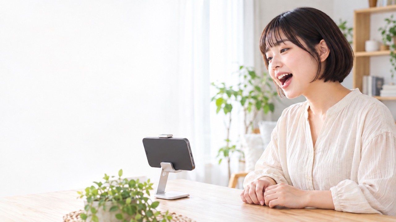 音痴を直すために、机に立てたスマホと向かい合って歌う人