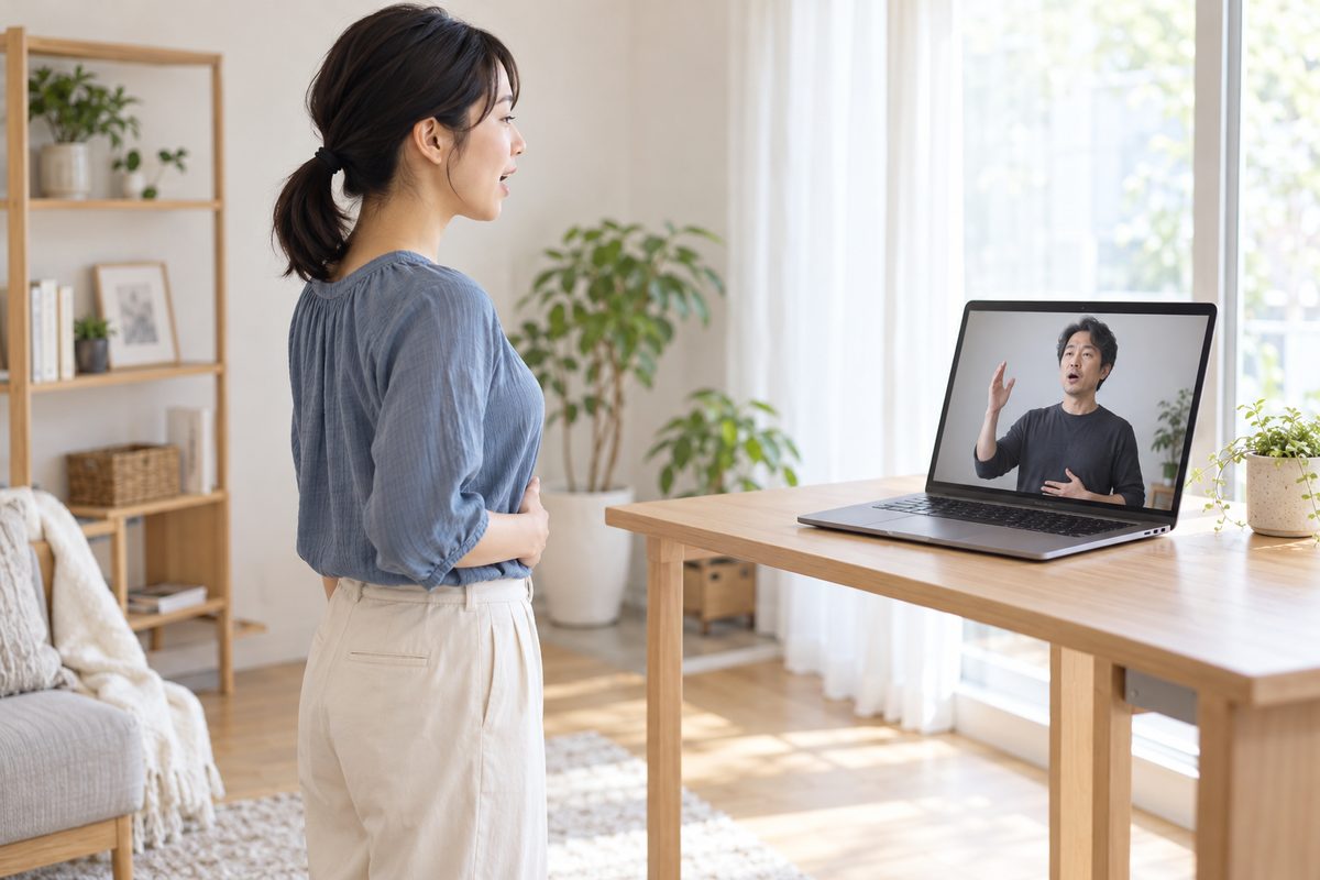 自宅のリビングで、ノートパソコンに映る先生から姿勢を教わりながら、おなかに手を当てて声を出すオンラインのボイトレの様子