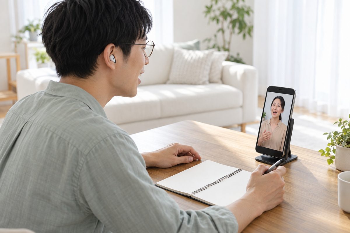 自宅でスマホをスタンドに立て、イヤホンをして画面の先生からオンラインのボイトレを受け、メモをとる人